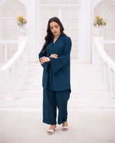 Zauk Stitched Co Ords Solids Set Suit-Teal Blue