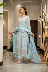 Ensembles By Zouj Unstitched 3 Piece Chiffon Edit Collection'2025-Frosted Blue