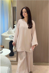 Zouj Stitched 2 Piece Solids Summer Co Ords Suit-Beige