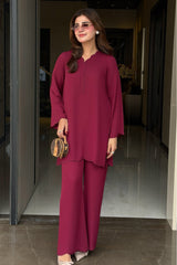 Zouj Stitched 2 Piece Solids Summer Co Ords Suit-Maroon