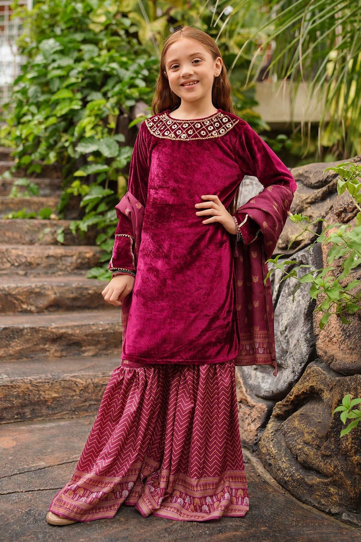 The Velvet Hand Adda Work 3-Pc Suit offers luxurious elegance, featuring intricate handwork and rich velvet fabric, perfect for special occasions and celebrations.