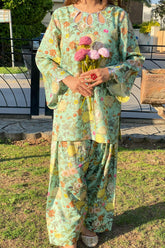 Urban Cut 2 Piece Cotton Printed Co- Ord Set with Farshi Shalwar