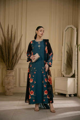 Brandlo PK Teal & Black Floral Printed Silk/Satin Three-Piece Ensemble YL-164