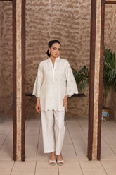 Madiha Gohar Stitched Co Ords Set-Ivory Schiffli