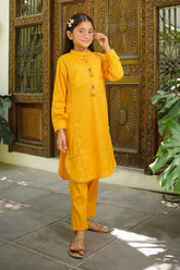 Bright yellow dobby cotton suits for girls - perfect for parties, Eid & summer weddings