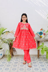 Khanak Stitched Kids-Poppy Red Embroidered 2Pcs Suit KST 110