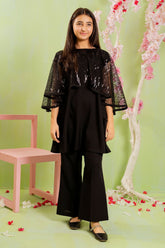 Stunning Black Foil Printed Net 2-Pc Suit for Girls - Elegant Co-ords Set with Shimmering Details.