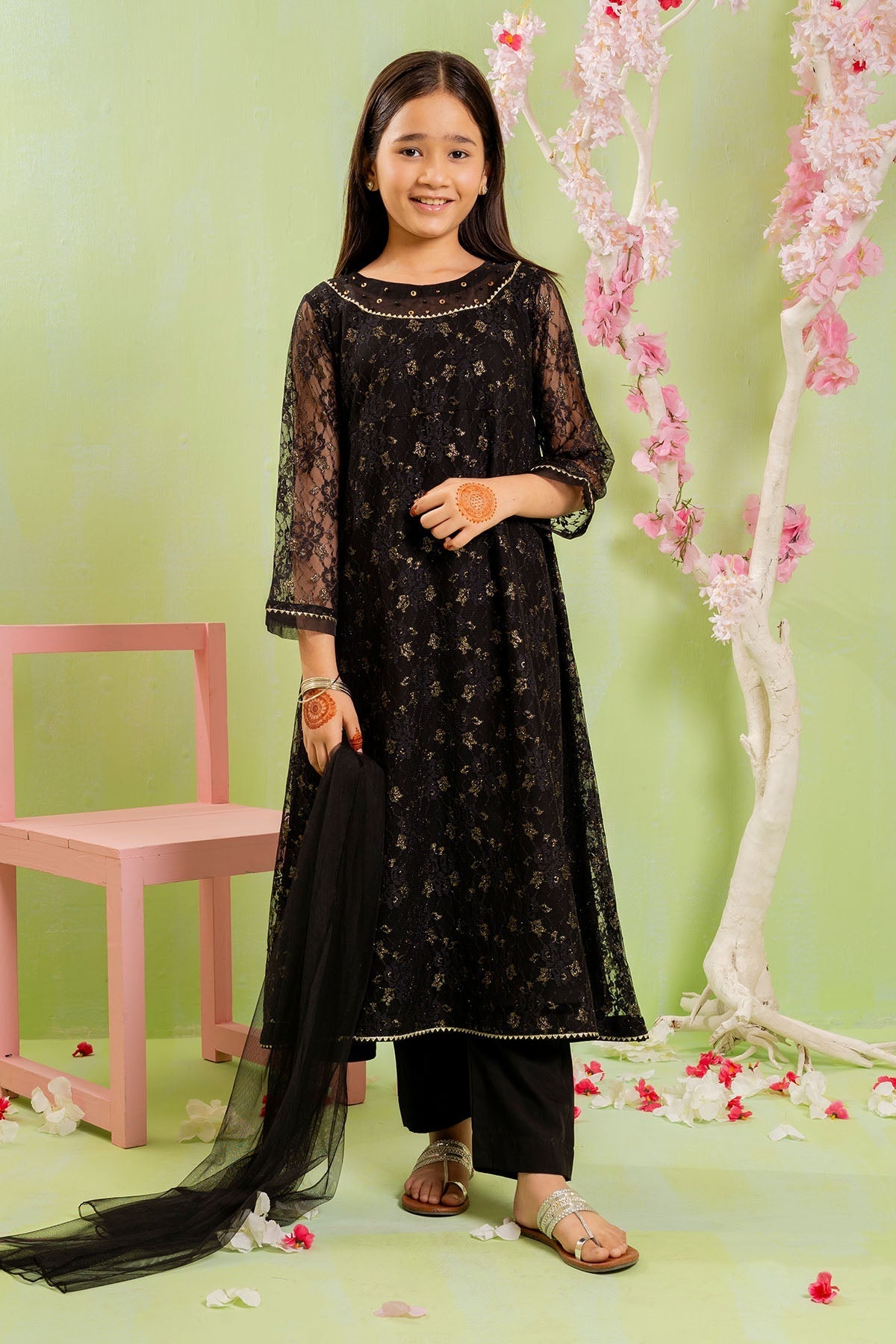 Exquisite Net Hand Adda Work 3-Pc Suit ??? Elegant Black Net Maxi Dress with Intricate Embroidery.