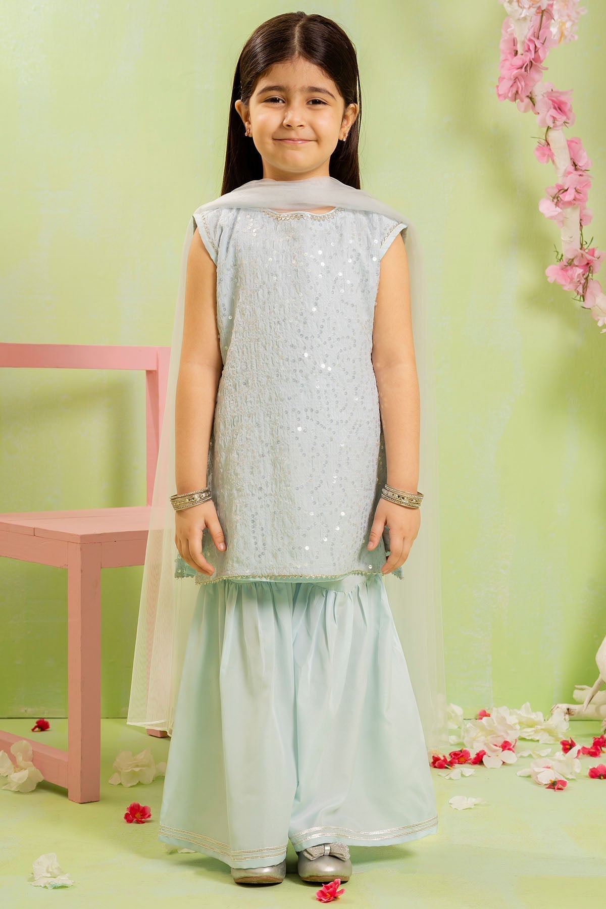 Shop Sequence Embroidered Net 3 Pc Suit in stunning Ice Blue???elegant, stylish, and comfortable dress for girls.