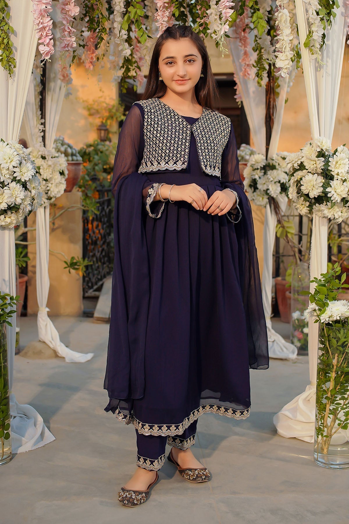 Elegant Chiffon Hand Adda Work 3 Pc Suit featuring a beautifully detailed maxi dress