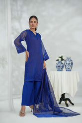 Silcot Stitched 3 Piece Silk Collection-Royal Azure Aura