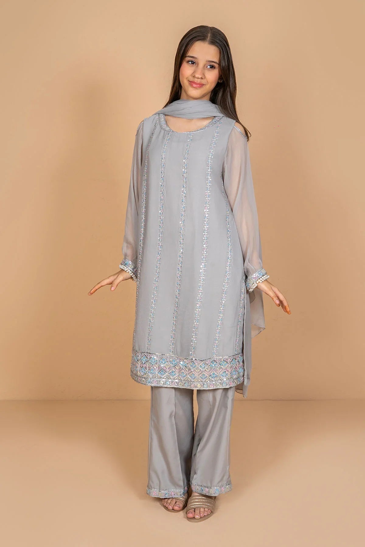 Shop chiffon suits for girls with elegant embroidery designs. Lightweight, breathable outfits perfect for parties