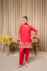 Aqs N Man Stitched 3 Piece Cotton Collection-Ruby Radiance - AM-011