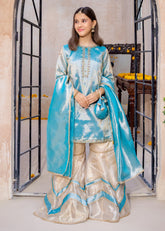 Meethi Eid By Modest 3 Piece Blue Embroidered Maysuri Gharara
