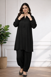 Madiha Gohar Stitched Co Ords Set-Solid Pleated-Black
