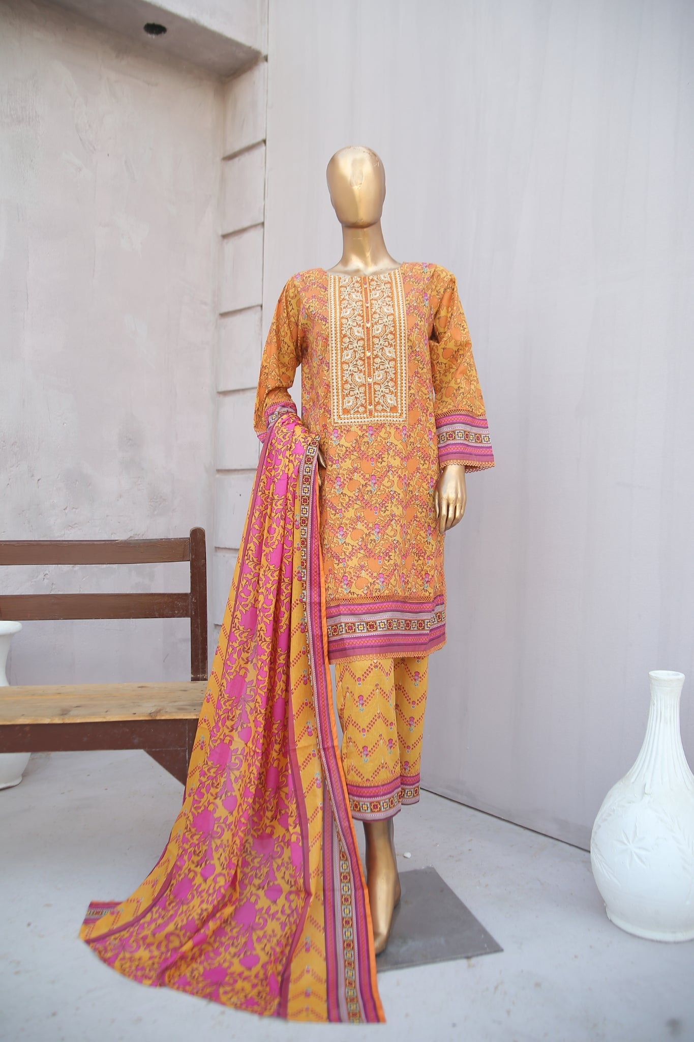 Girl woman Printed Embroidered Lawn Stitch Shirt Kurti Frock Cotton Dupatta Printed Trouser