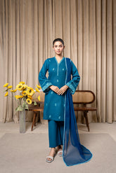 Aqs N Man Stitched 3 Piece Cotton Collection-Teal Tranquility - AM-014