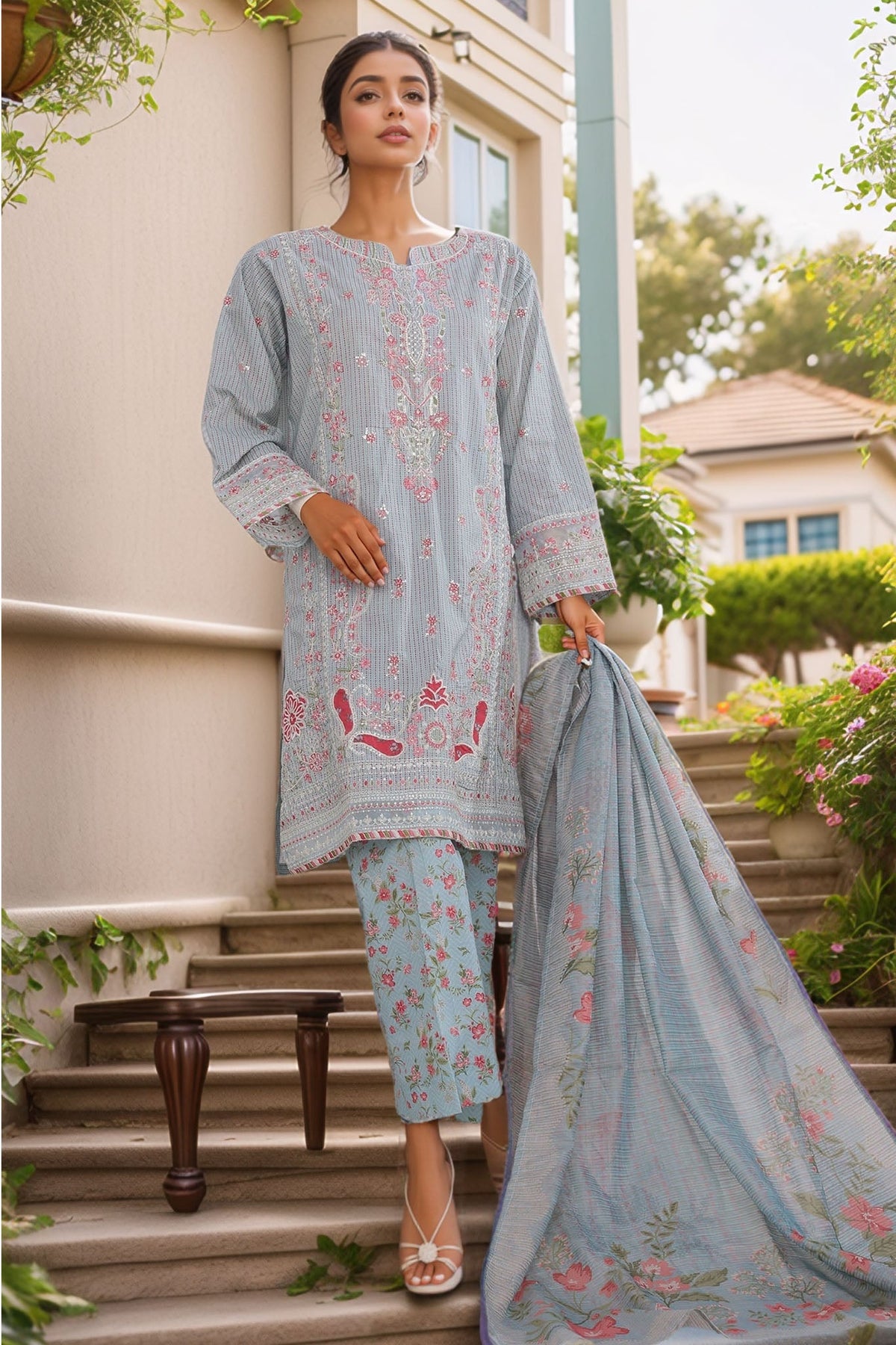 Bin Saeed Stitched 3 Piece Luxury Self and Stripe Vol-02 Collection'2025-SM-1964-Ferozi