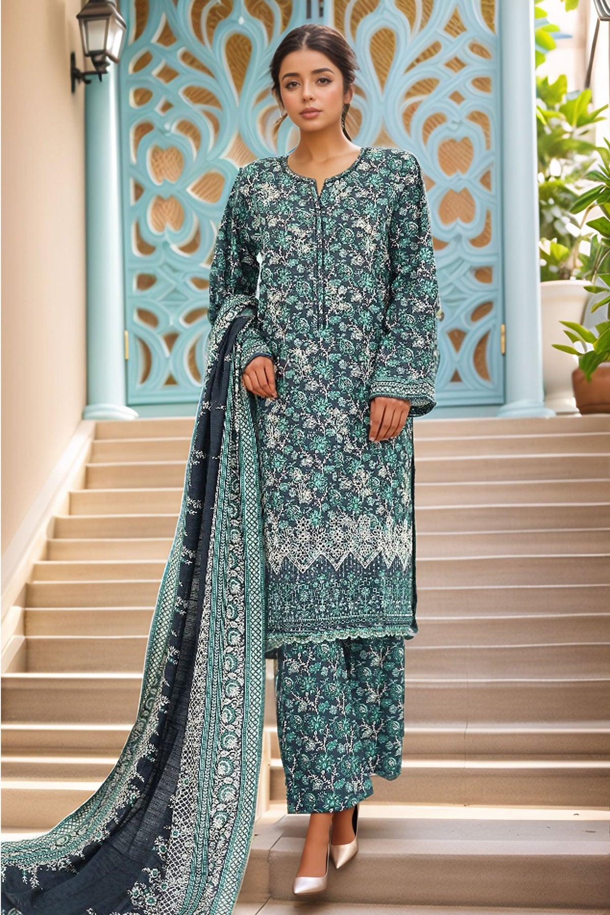 Bin Saeed Stitched 3 Piece Chikankari Emb Khaddar Collection'2024-WK-1104-Teal