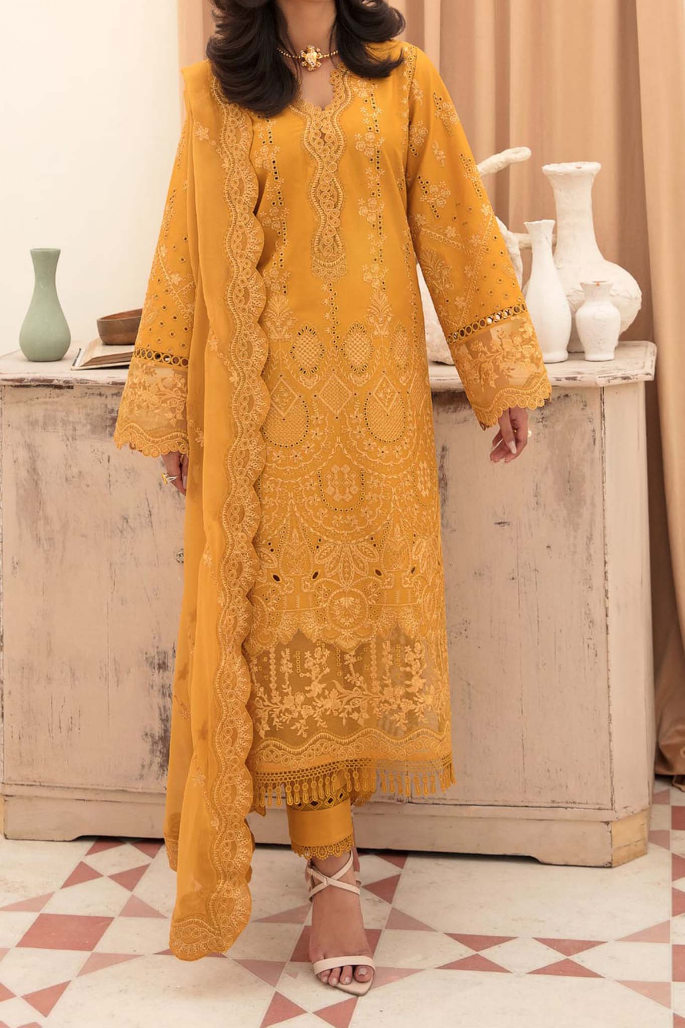 Afrozeh Unstitched 3 Piece Festive Chikankari Lawn Collection'2023-03-Goldenrod
