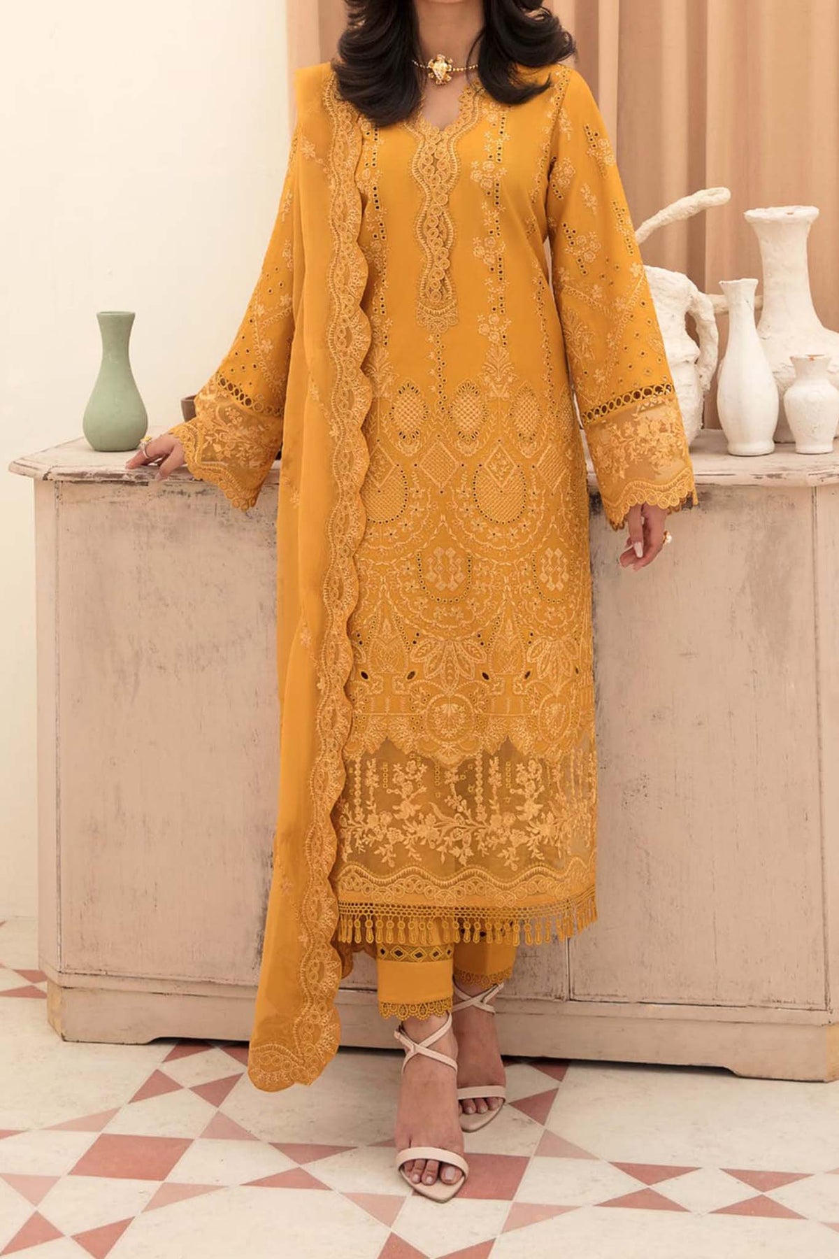 Afrozeh Unstitched 3 Piece Festive Chikankari Lawn Collection'2023-03-Goldenrod