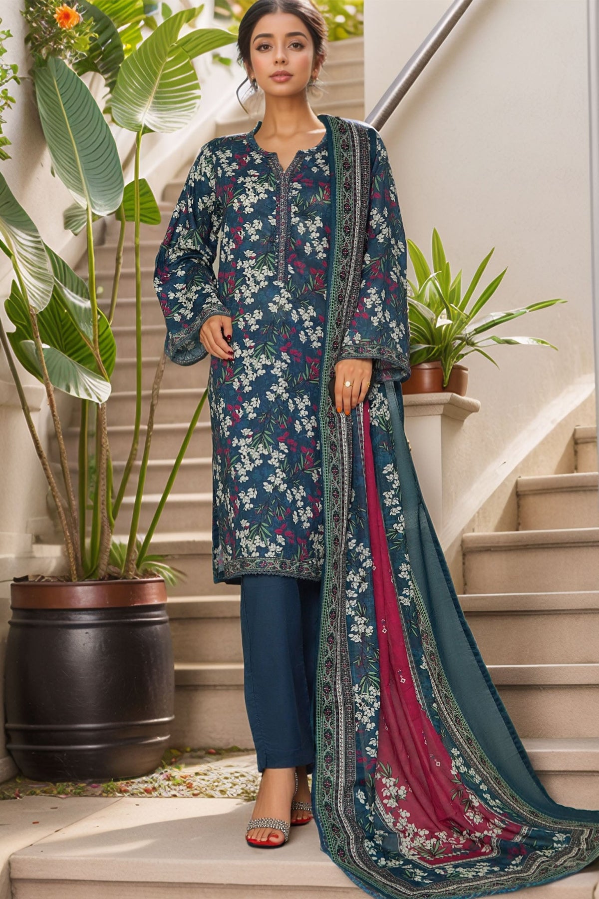 Bin Saeed Stitched 3 Piece Exc Printed Lawn Vol-05 Drop-02 Collection'2025-NSM-2340-Blue