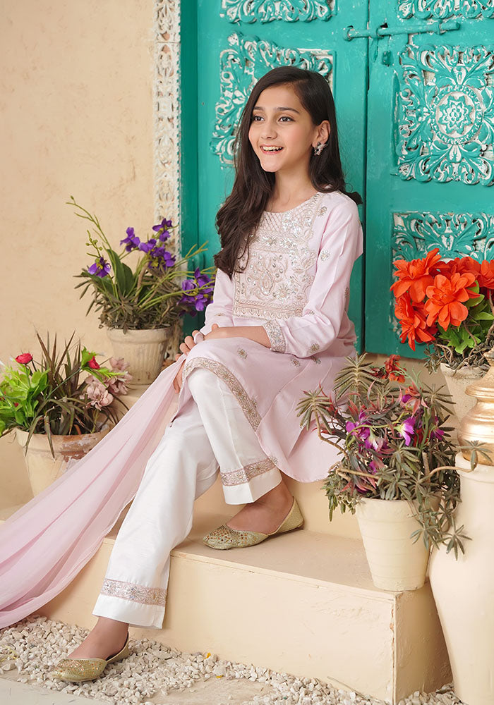 Ochre Clothing Chambray Cotton Embroidered 3 Pc Suit