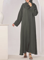 Hijab Ul Hareem Plates Front Open Grey Abaya - 0116-R-722