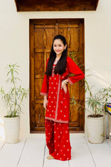 Khanak Stitched Kids-Imperial Red Embroidered Gharara KST 113