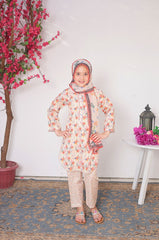 Suntex Stitched 3 Piece Lawn Kids Suit- Peach - SHIRT - PRINTED