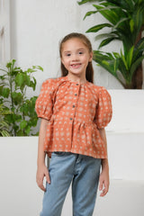 Sprinkles Stitched 1 Piece Summer Shirts Kids Collection'2025-Button Front Peplum Top Burnt Orange