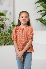 Sprinkles Stitched 1 Piece Summer Shirts Kids Collection'2025-Button Front Peplum Top Burnt Orange