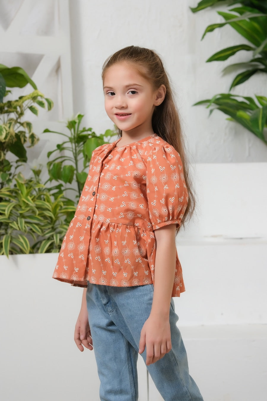 Sprinkles Stitched 1 Piece Summer Shirts Kids Collection'2025-Button Front Peplum Top Burnt Orange