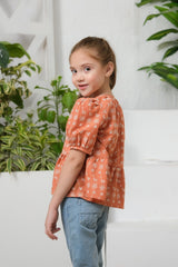 Sprinkles Stitched 1 Piece Summer Shirts Kids Collection'2025-Button Front Peplum Top Burnt Orange