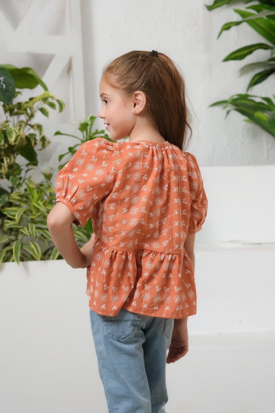 Sprinkles Stitched 1 Piece Summer Shirts Kids Collection'2025-Button Front Peplum Top Burnt Orange