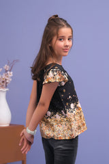 Sprinkles Stitched 1 Piece Summer Shirts Kids Collection'2025-Black Floral Ruffle Armhole Printed Shirts