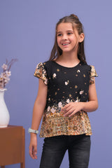 Sprinkles Stitched 1 Piece Summer Shirts Kids Collection'2025-Black Floral Ruffle Armhole Printed Shirts