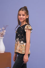 Sprinkles Stitched 1 Piece Summer Shirts Kids Collection'2025-Black Floral Ruffle Armhole Printed Shirts