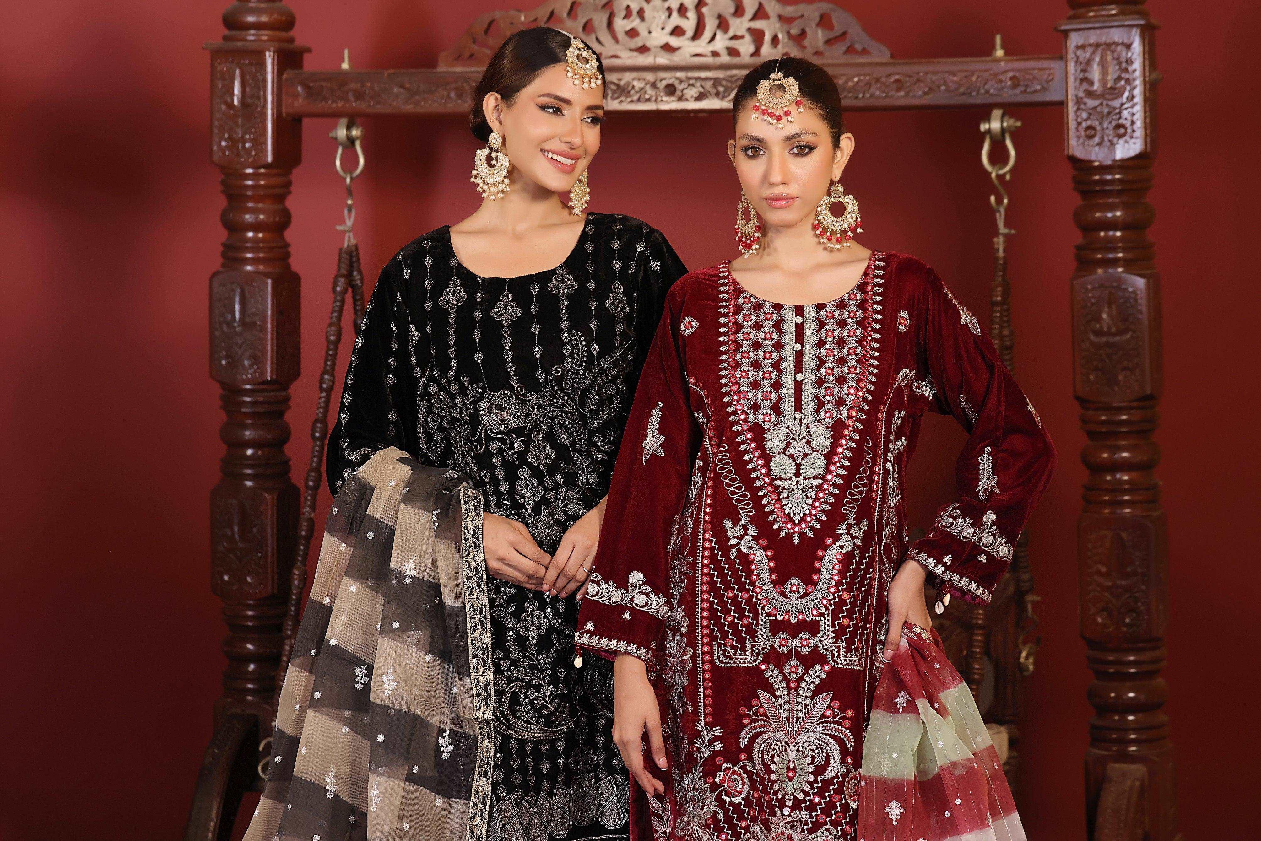 3 PIECE - EMBROIDERED VELVET SUIT 136K - Dressline Fabric