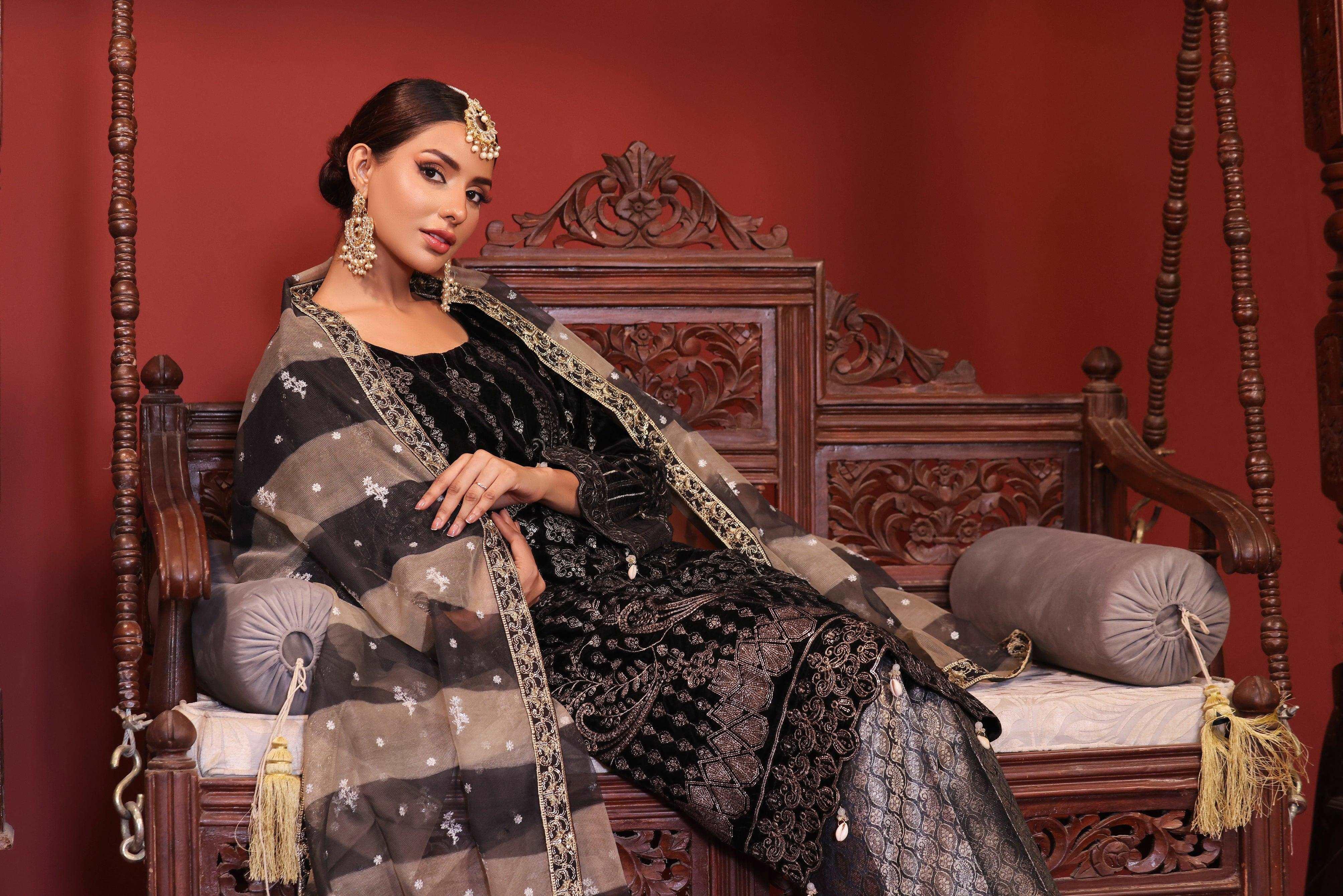 3 PIECE - EMBROIDERED VELVET SUIT 135K - Dressline Fabric