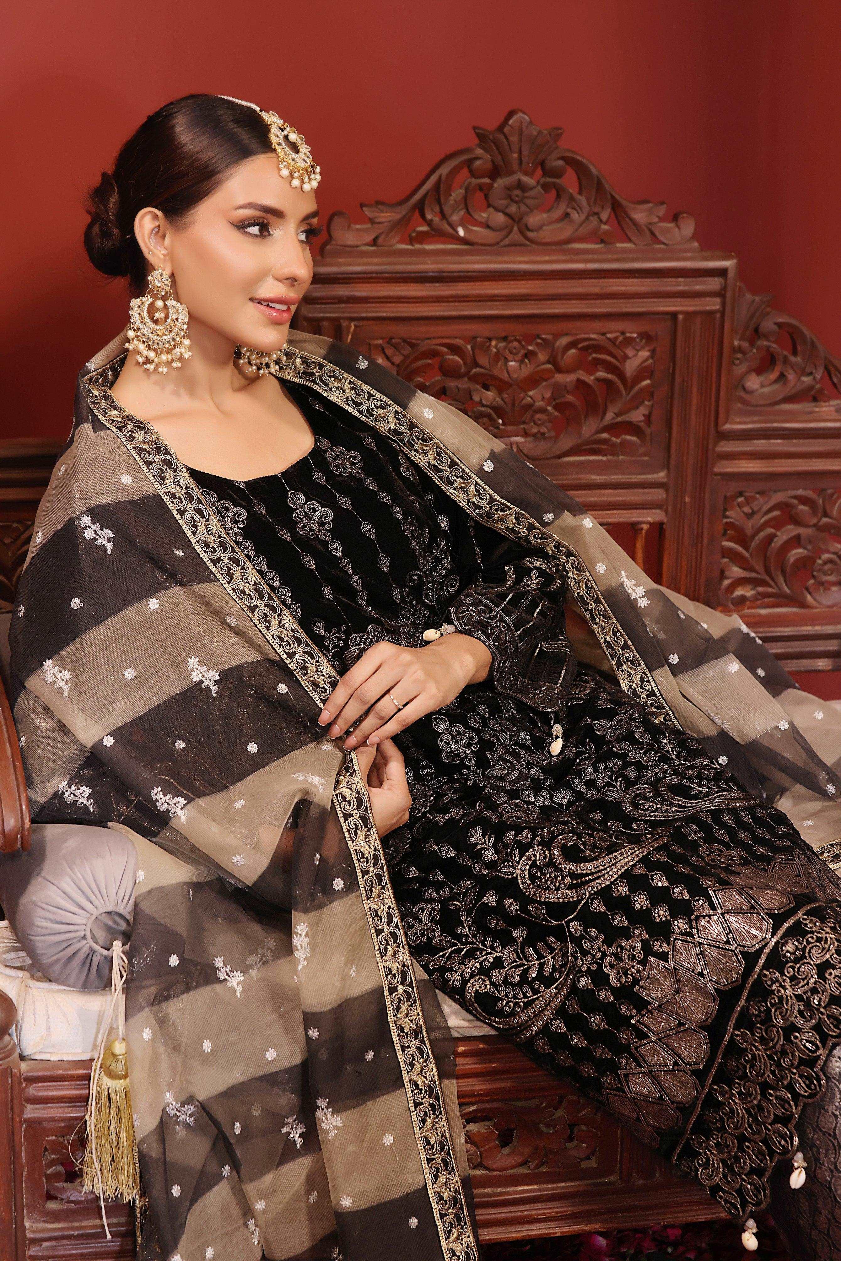 3 PIECE - EMBROIDERED VELVET SUIT 135K - Dressline Fabric