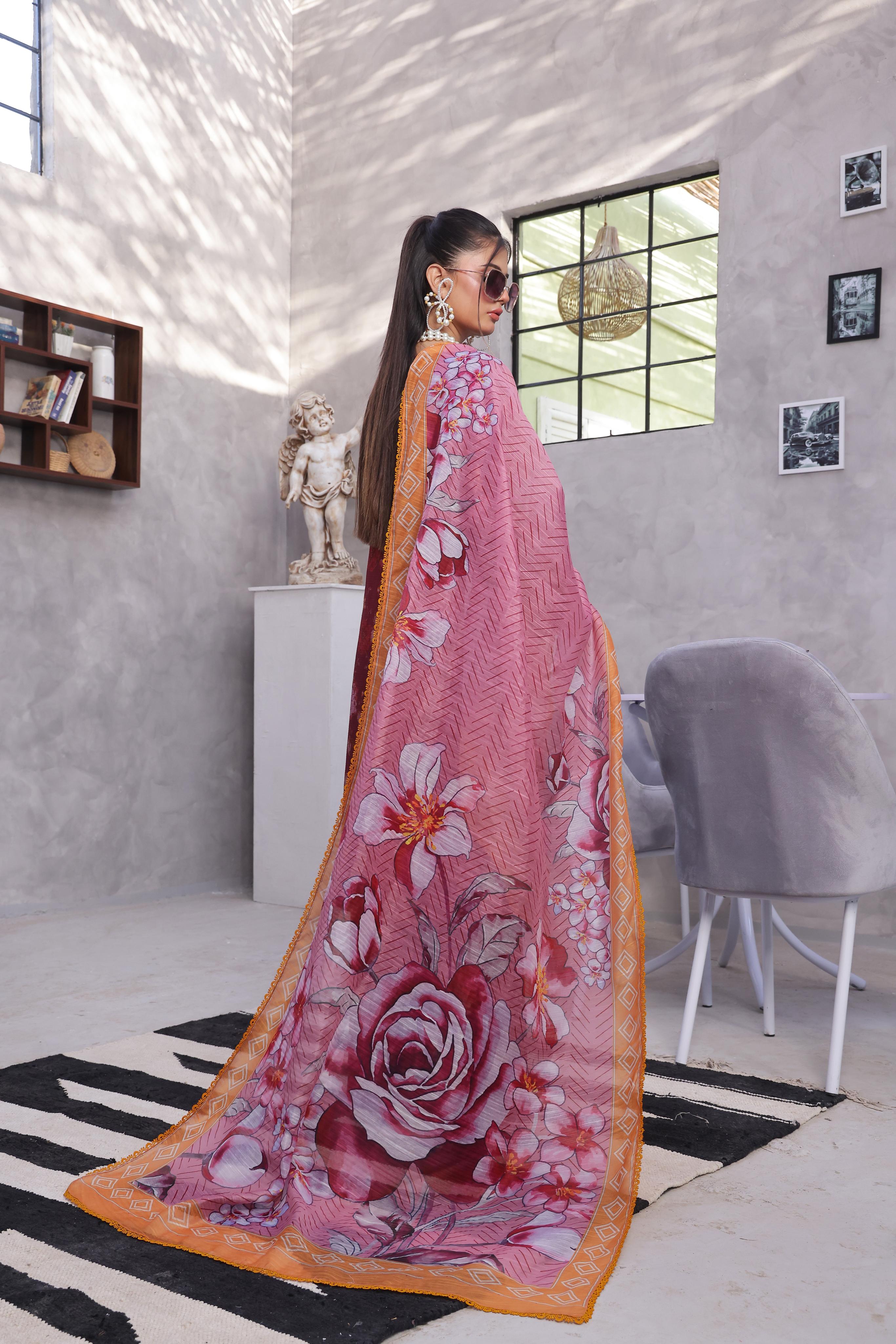 Dressline Pearl Unstitched Heavy Chikankari & Jall Emb Bana Dora Digital Lawn With Voil Dupatta & Cambric Trousers