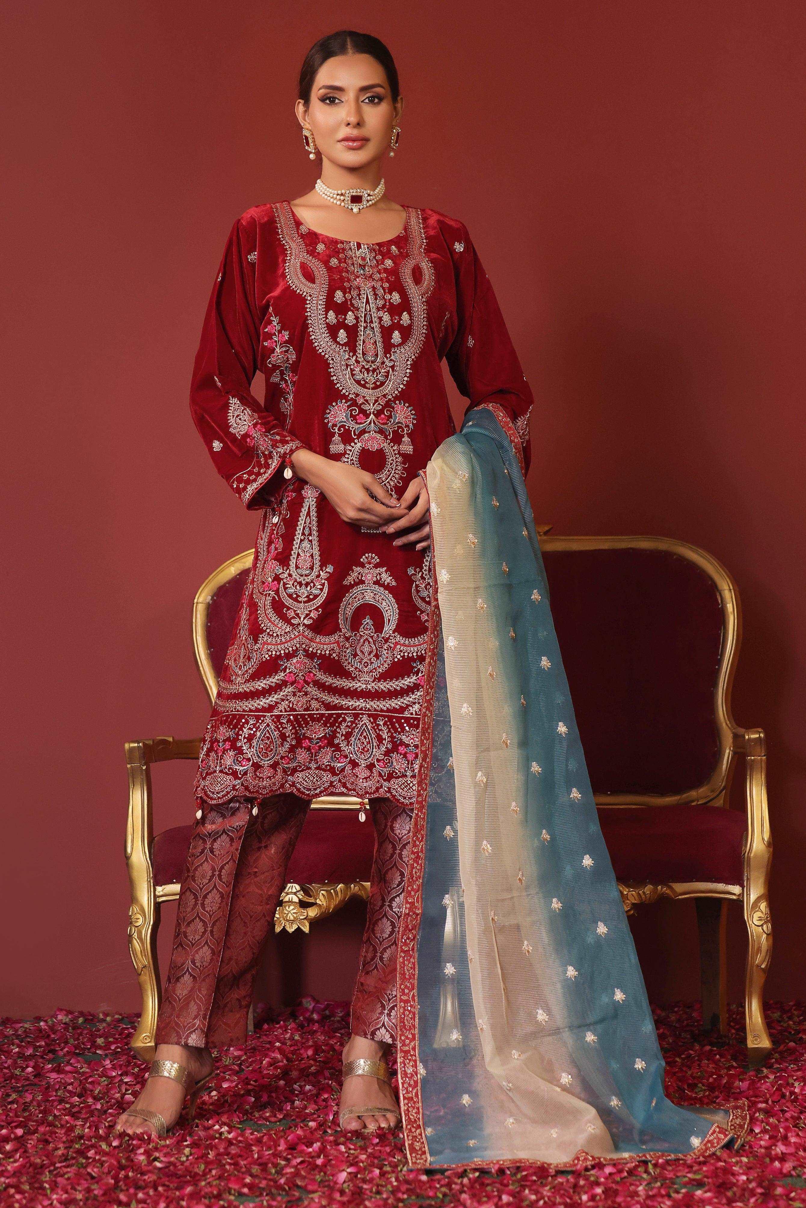 3 PIECE - EMBROIDERED VELVET SUIT 142K - Dressline Fabric