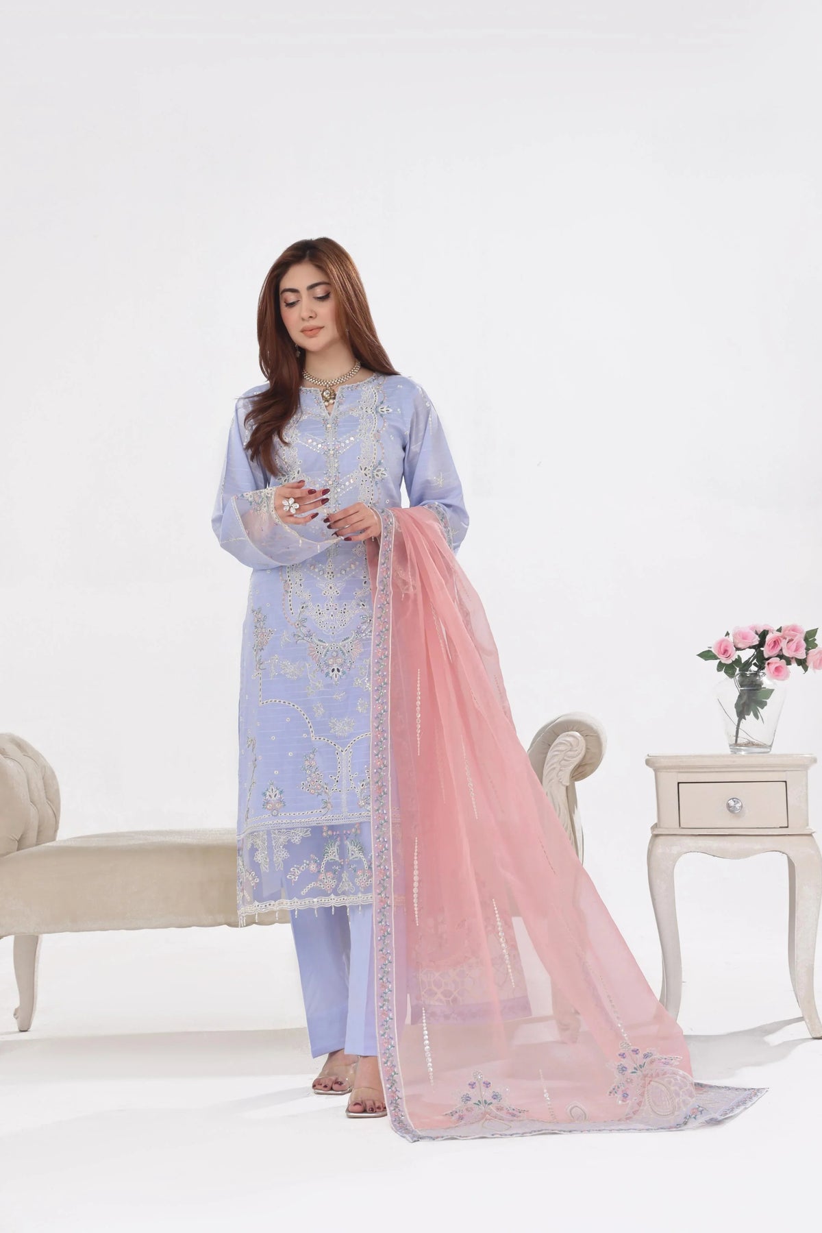Dressline New Un Stitched 3 Pcs Premium Chikankari Emb Check Lawn Digital Printed Collection
