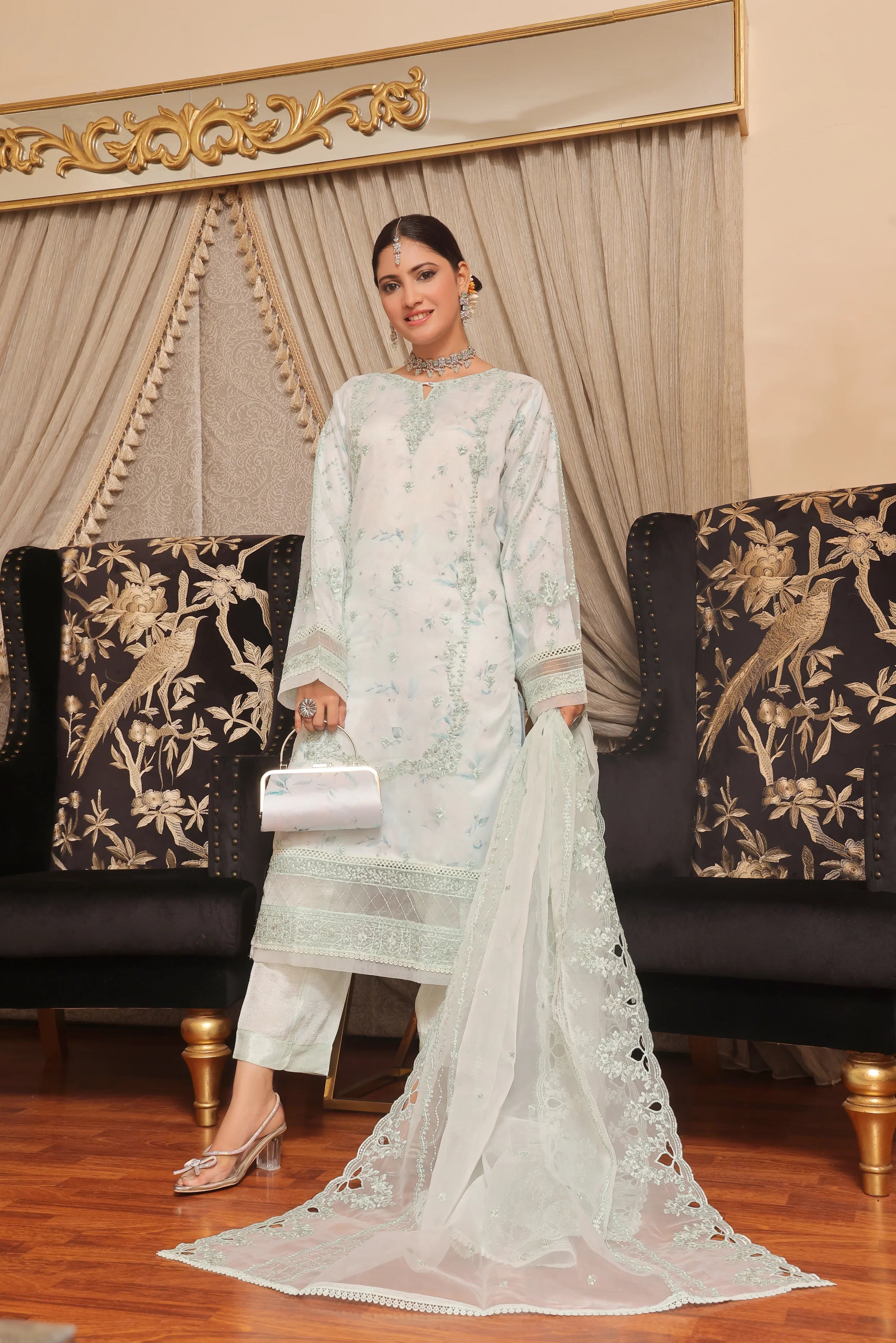 Dressline Semi Stitched 3 Pc Emb Luxury Organza Clutches Collection