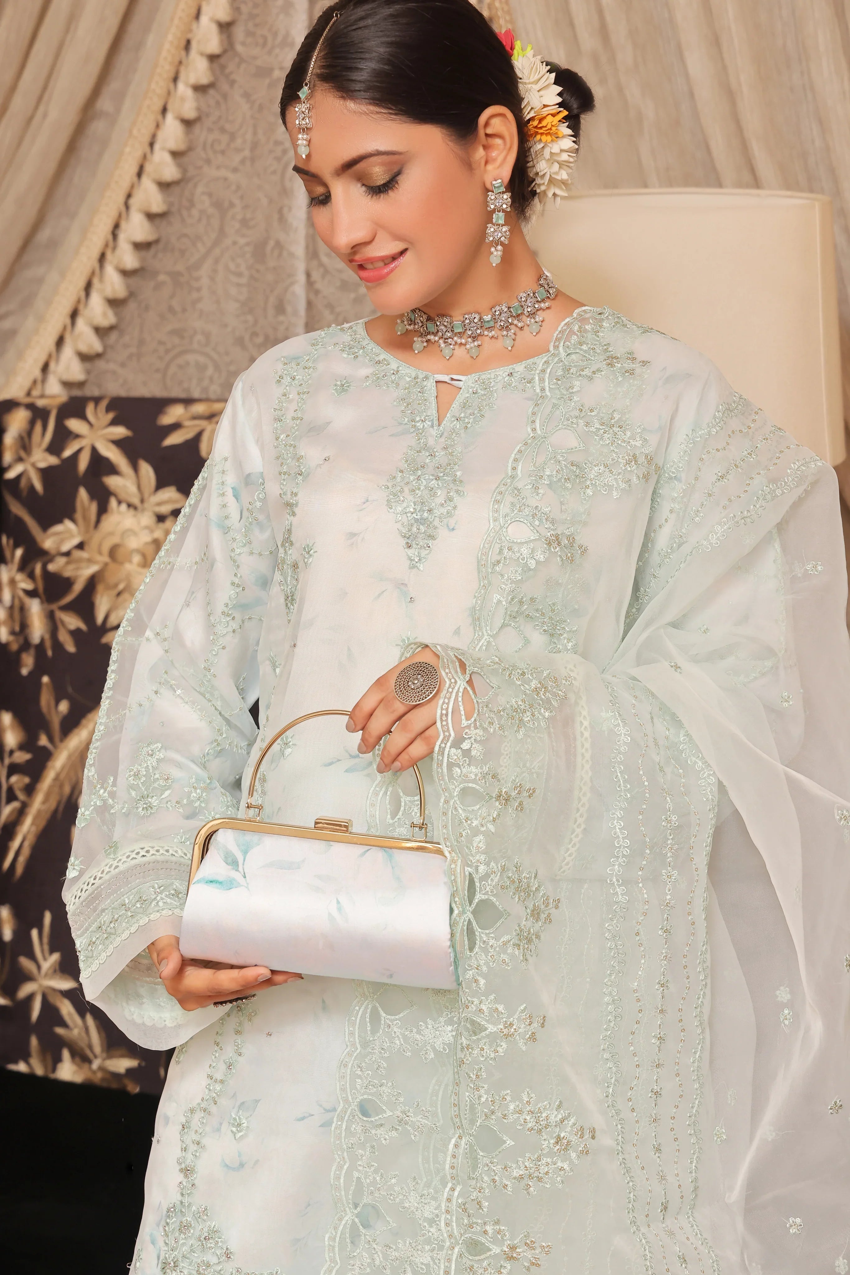 Dressline Semi Stitched 3 Pc Emb Luxury Organza Clutches Collection