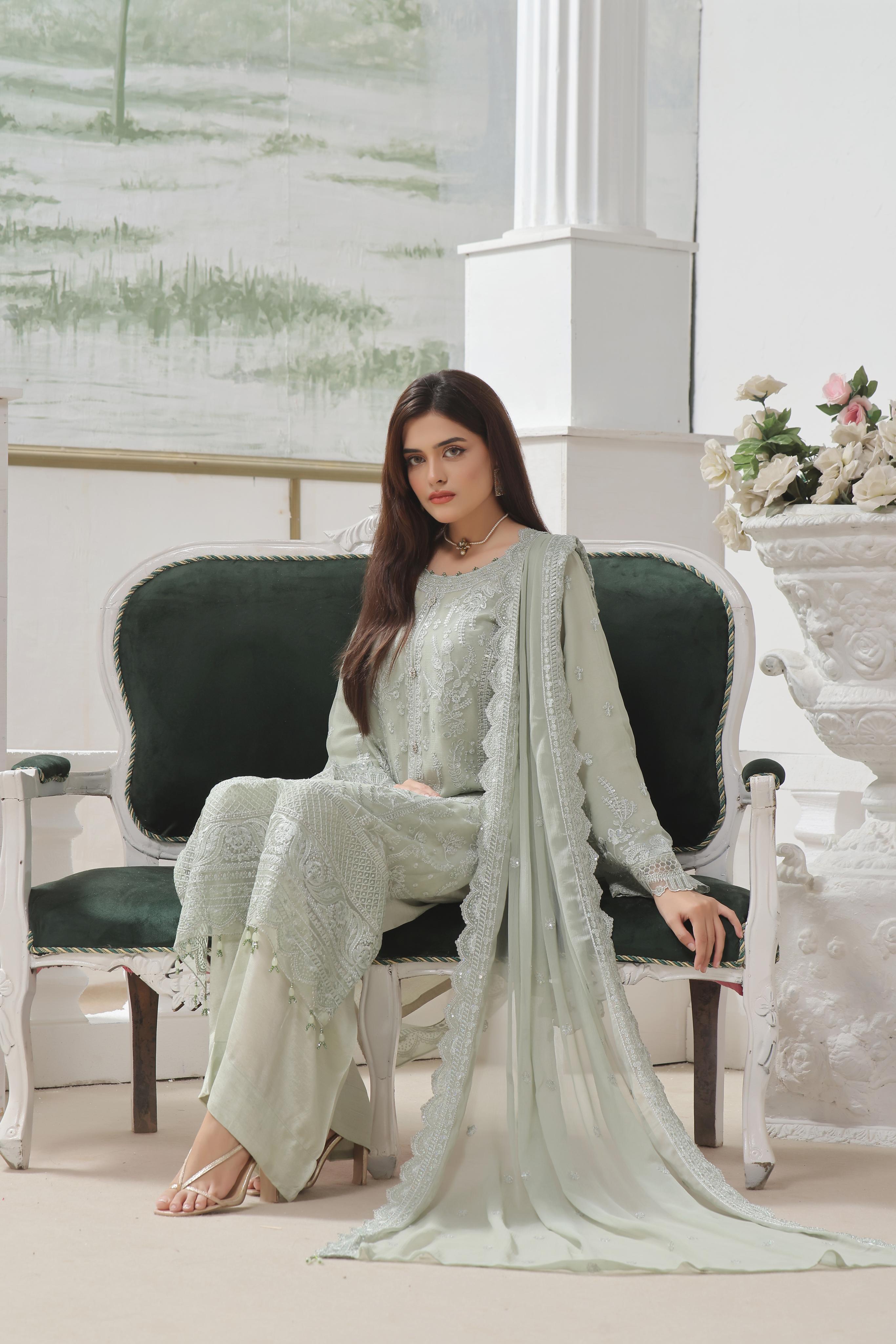 Dressline Luxury Emb Chiffon 3 Piece Suit Festive Wear Semi Stitched Elegance