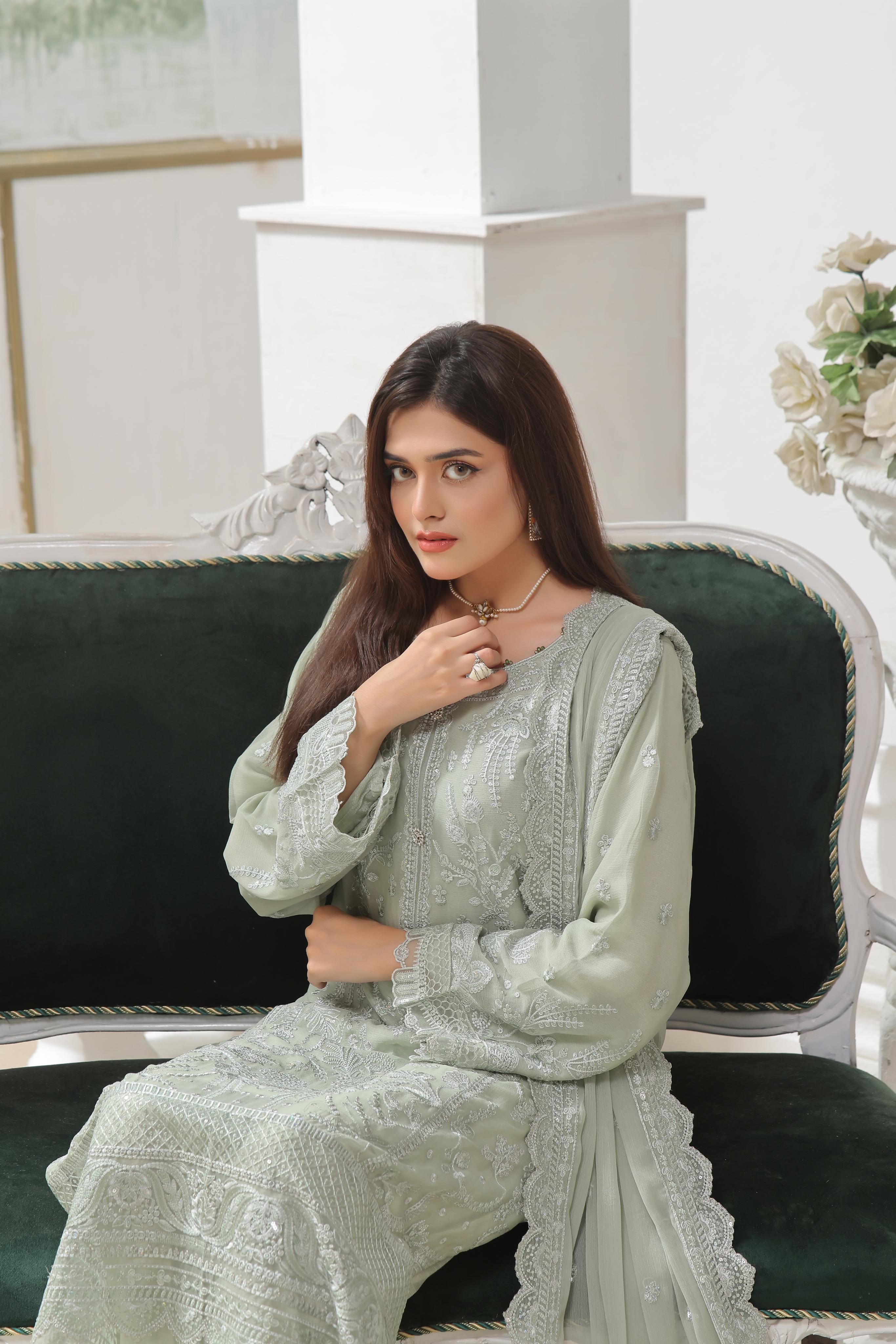 Dressline Luxury Emb Chiffon 3 Piece Suit Festive Wear Semi Stitched Elegance