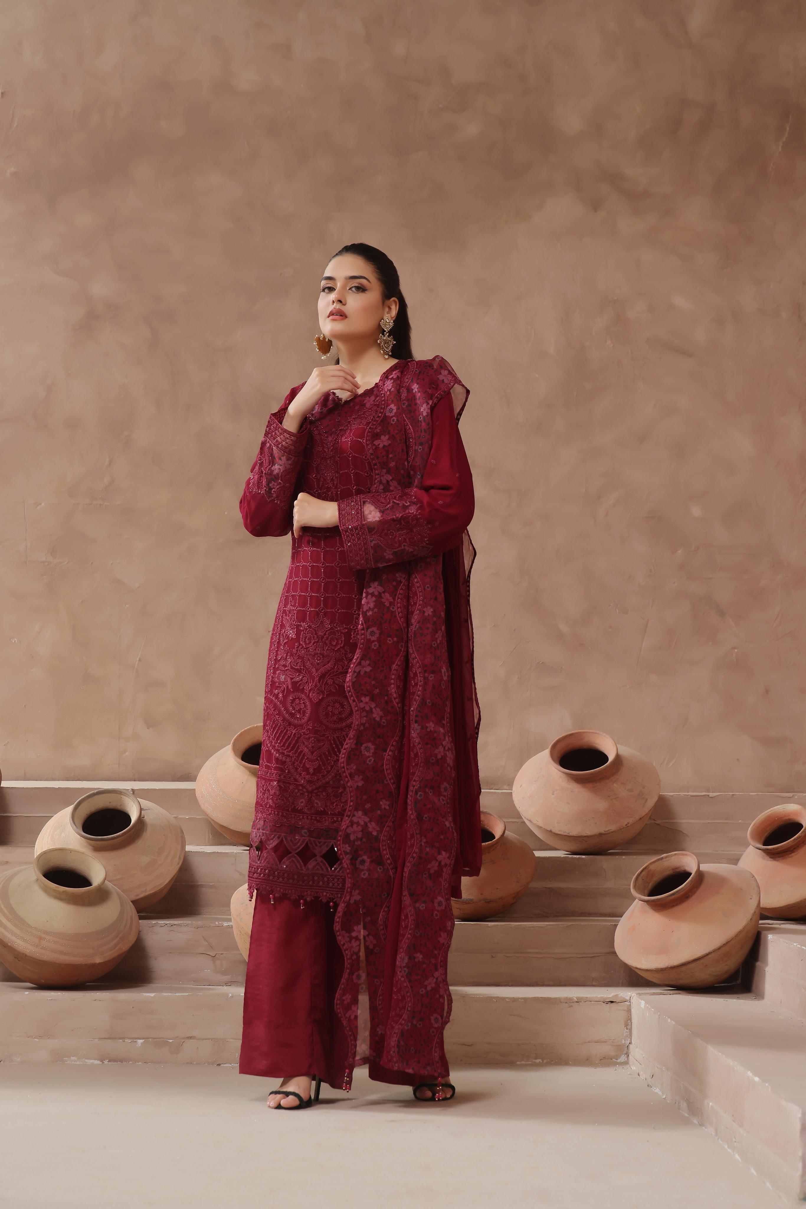 Dressline Luxury Emb Chiffon 3 Piece Suit Festive Wear Semi Stitched Elegance