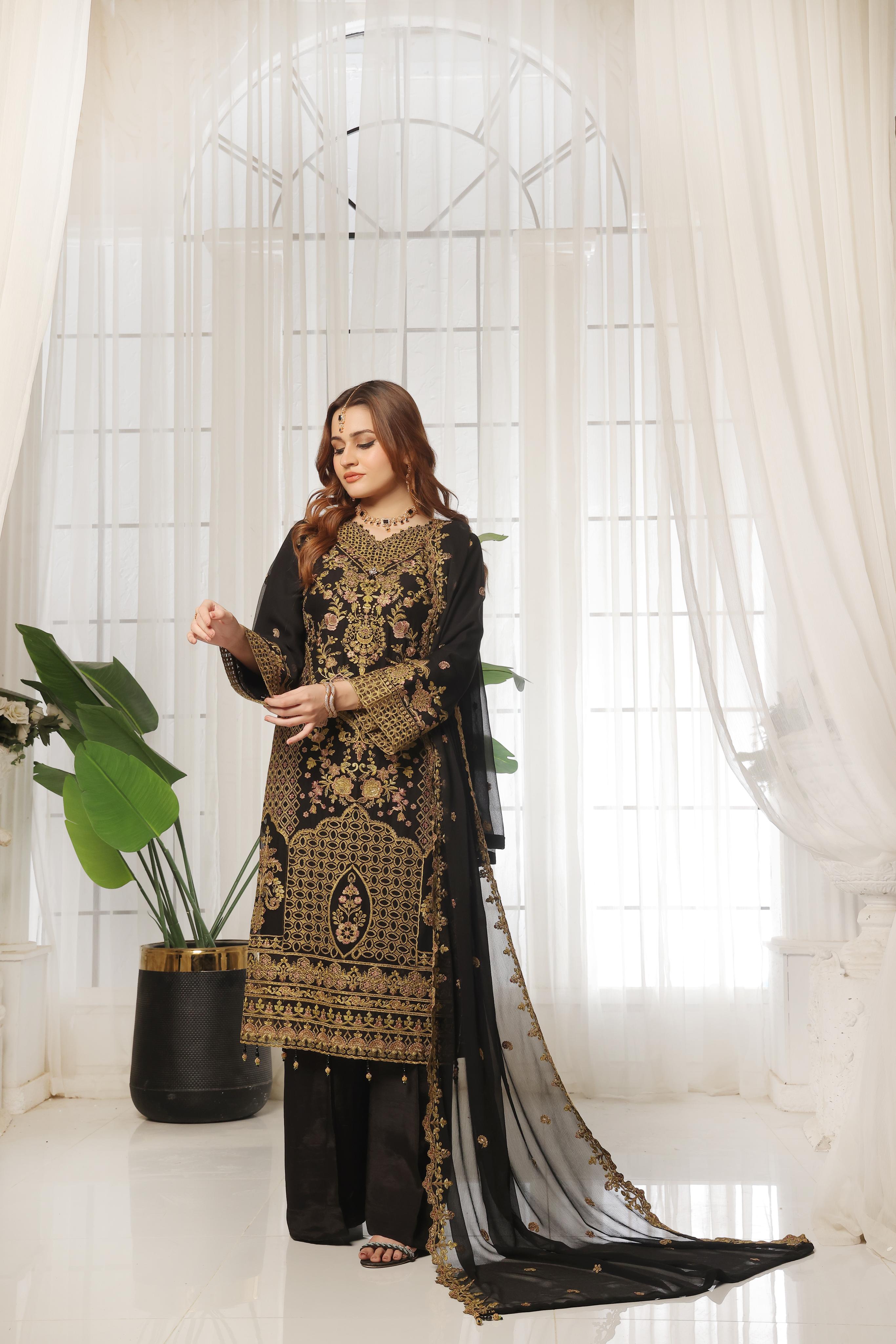 Dressline Lunching New 3 Piece Semi Stitched Luxury Emb ChikankariWith Boring Work Chiffon Collection
